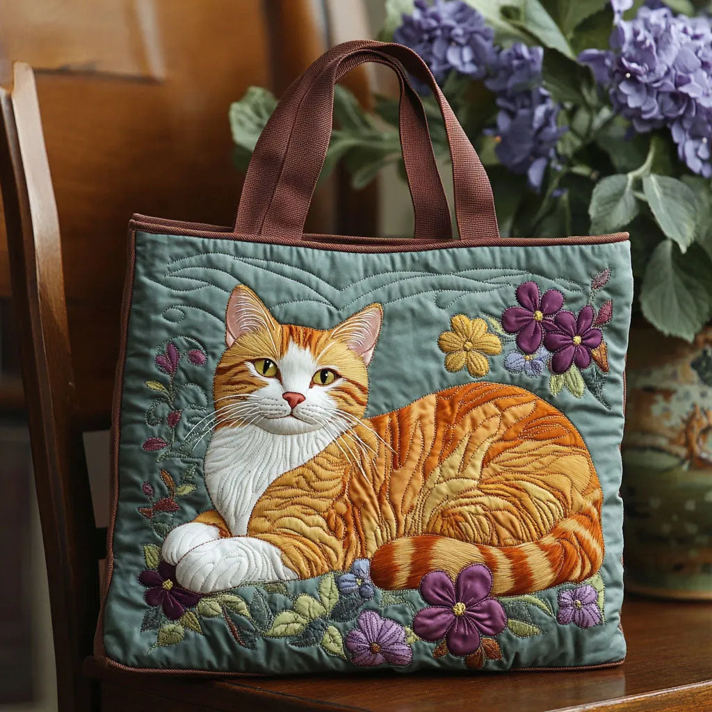 Quilted tote bag with brown handles, embroidered sleeping cat and purple floral accents.