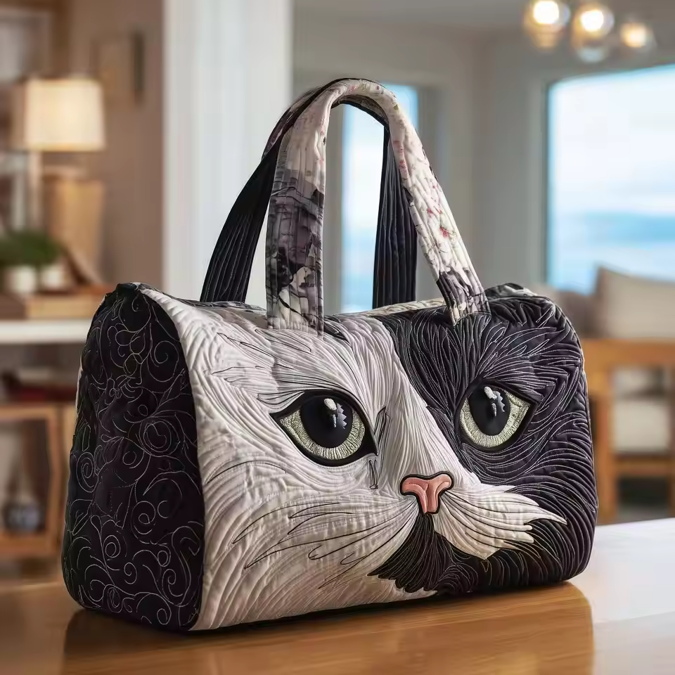 Artisan soft travel bag with cat face print, top handles, zippered opening