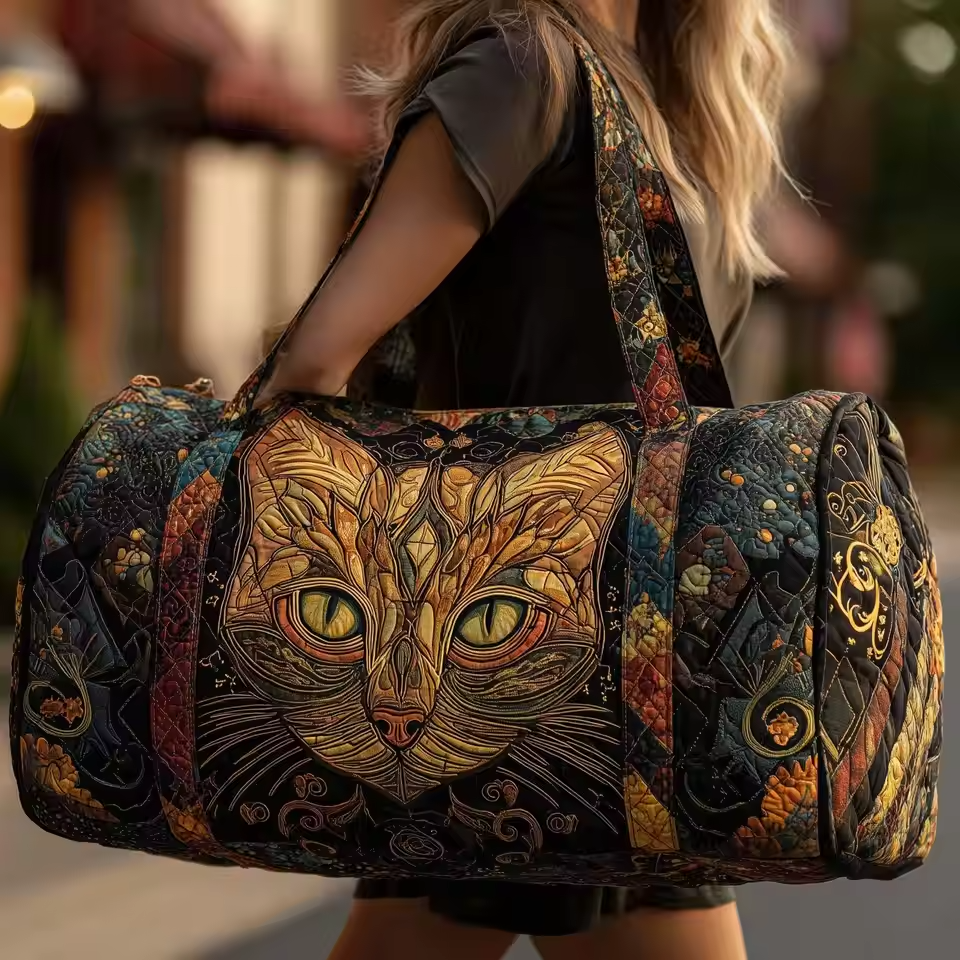 Artisan soft travel bag in black with quilted cat-face design and patterned shoulder handles.