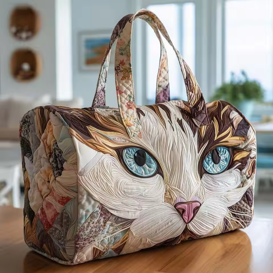 Soft travel tote bag with quilted cat face print and padded top handles