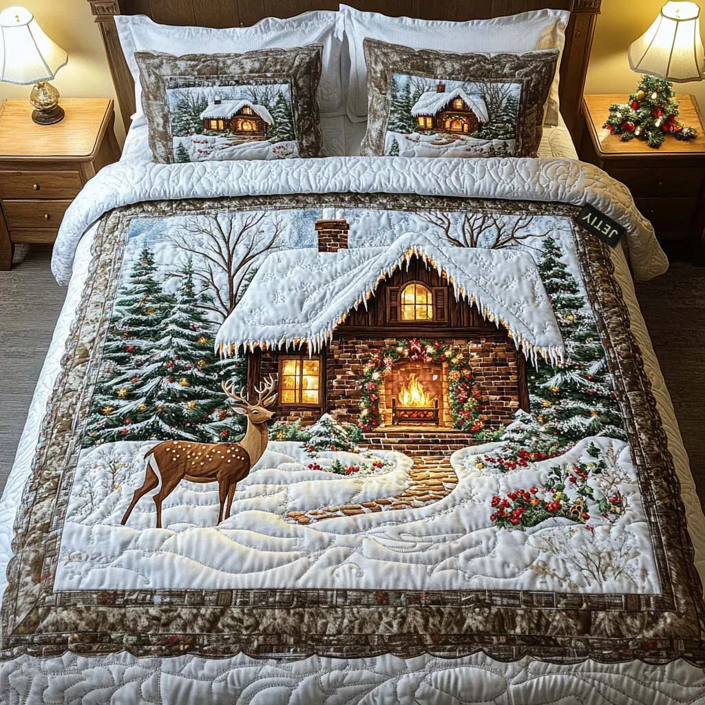3-piece quilted bedding set with winter cabin scene, trees, and decorative pillows