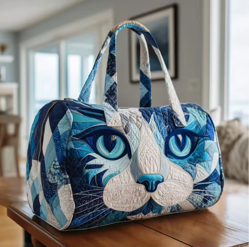 Quilted soft travel bag with cat face print, blue and white, dual top handles