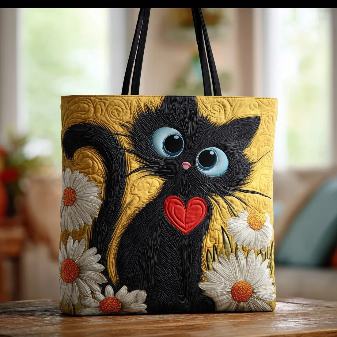 Handcrafted tote bag with black cat face, blue eyes, red heart, and daisies on yellow
