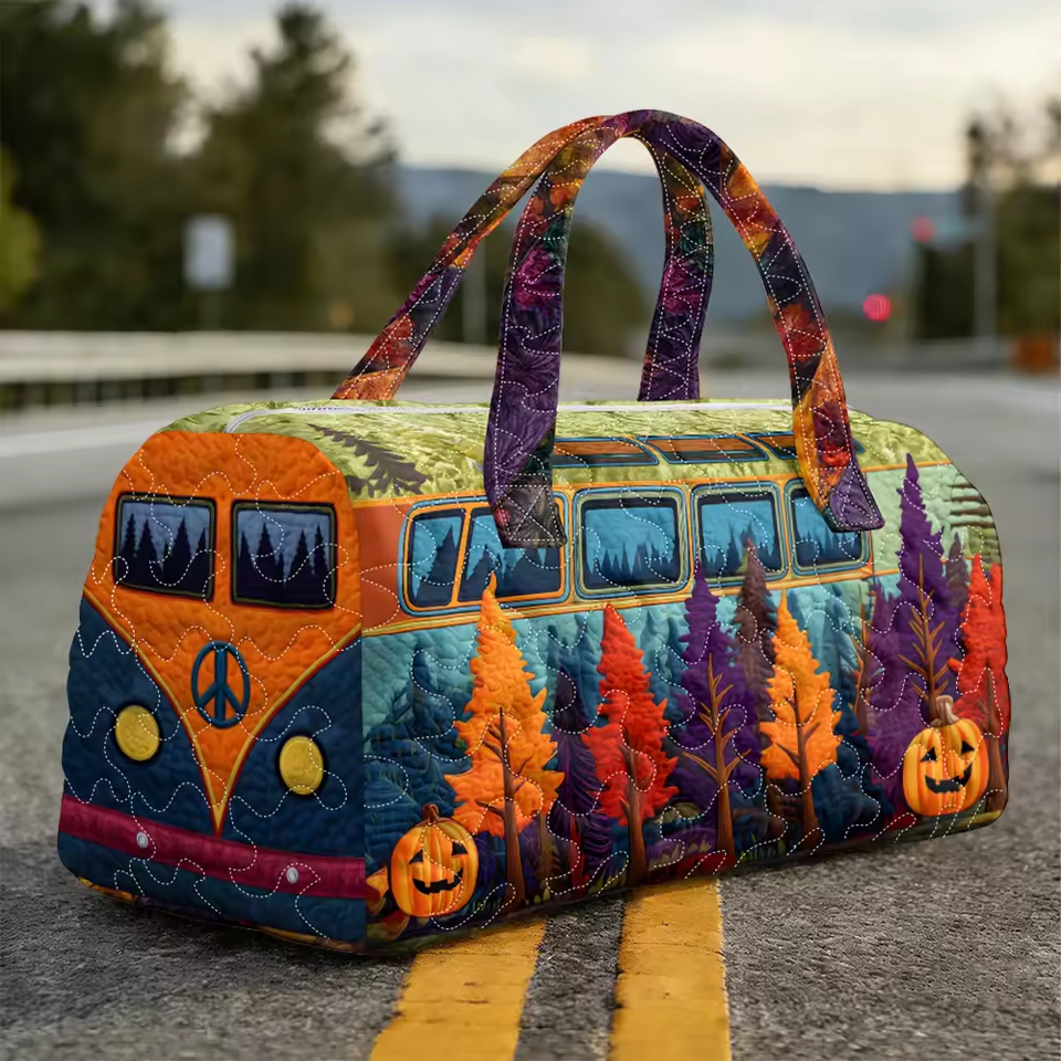 Colorful quilted soft travel bag with handles, peace sign and autumn tree/pumpkin patches