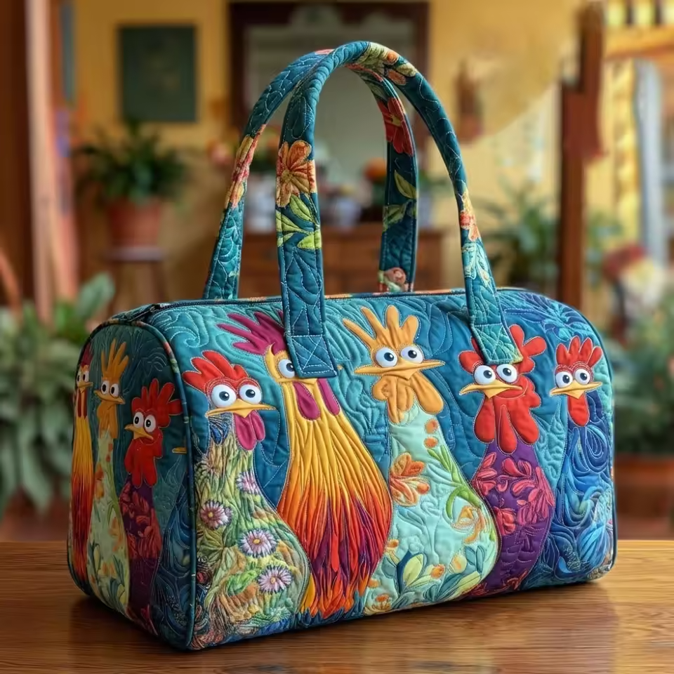 Soft quilted travel bag with colorful bird embroidery, teal blue handles and body