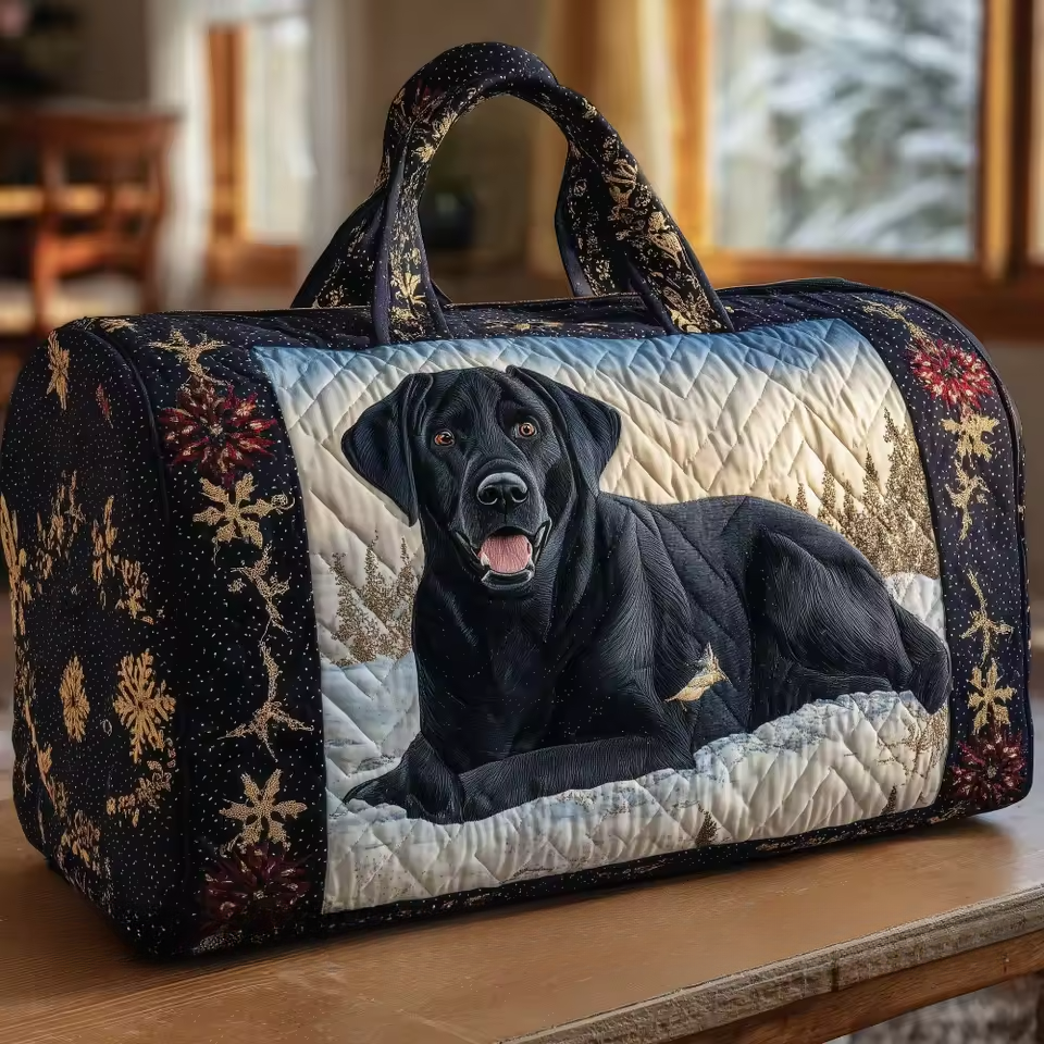 Artisan soft travel bag with quilted dog graphic, dark navy floral and star print