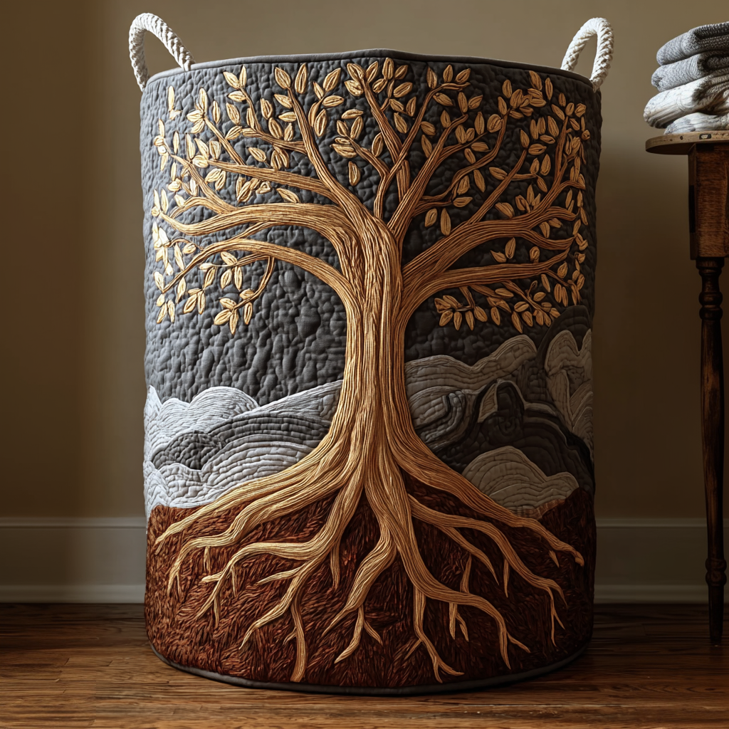 Handcrafted laundry basket with tree of life relief design and rope handles, dark and tan.