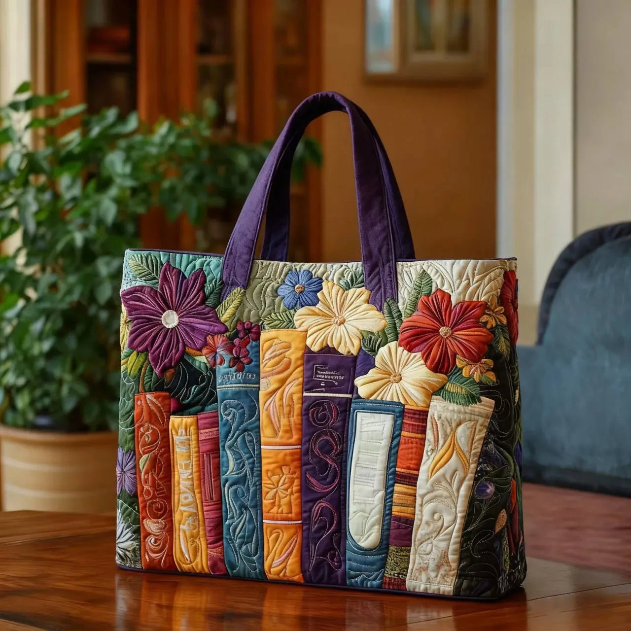 Quilted patchwork tote bag with floral blocks, book motif panel, and purple handles