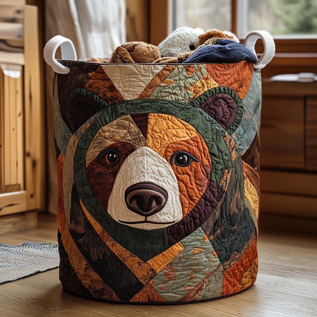 Handcrafted bear-face laundry basket with fabric handles, patchwork quilted design
