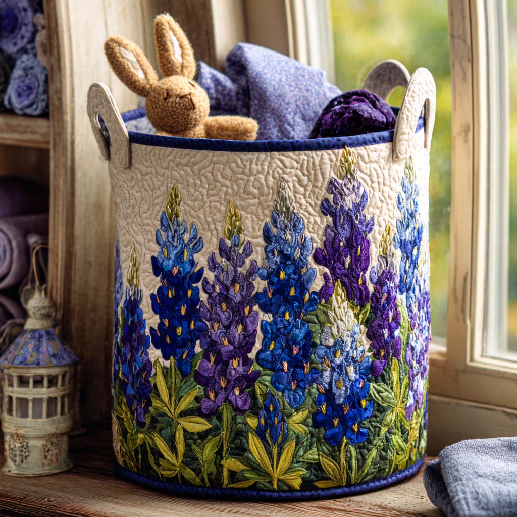 Handcrafted fabric laundry basket with blue and purple floral pattern, round with side handles