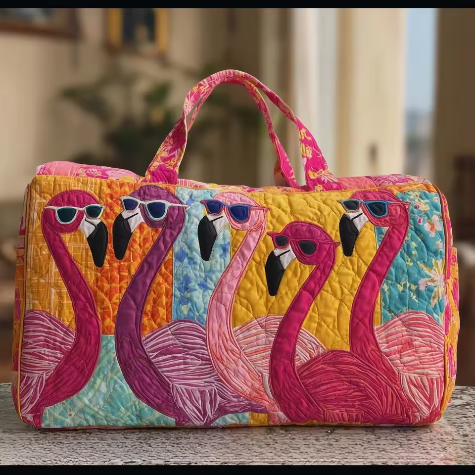 Quilted flamingo soft travel bag with top handle, multicolor patchwork design