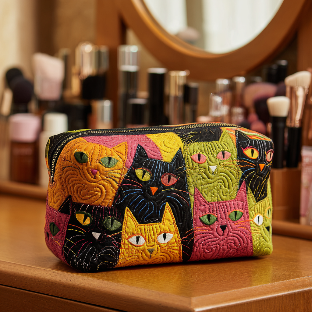 Quilted Makeup Bag with Cats Margaret York