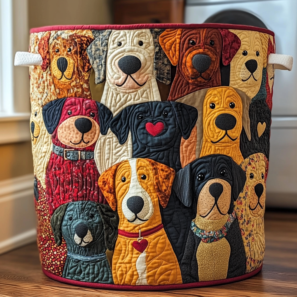 Quilted fabric laundry basket with colorful dog applique faces and handles