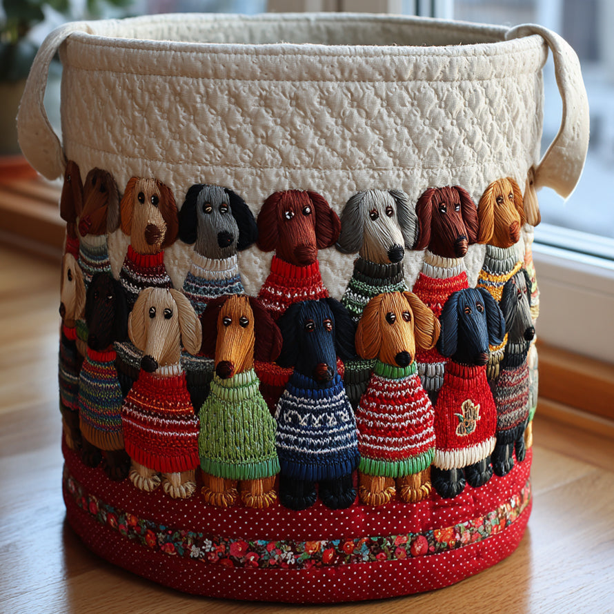 Laundry basket with embroidered dachshund pattern and fabric handles