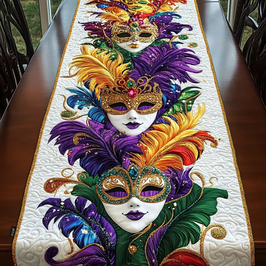 Quilted table runner with ornate purple, gold and green carnival masks, textured border