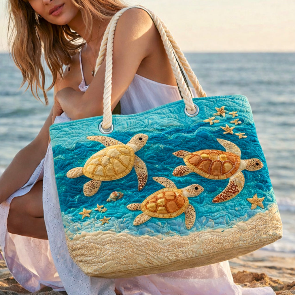 Handcrafted beach bag with rope handles, ocean blue design, and three turtle appliqués
