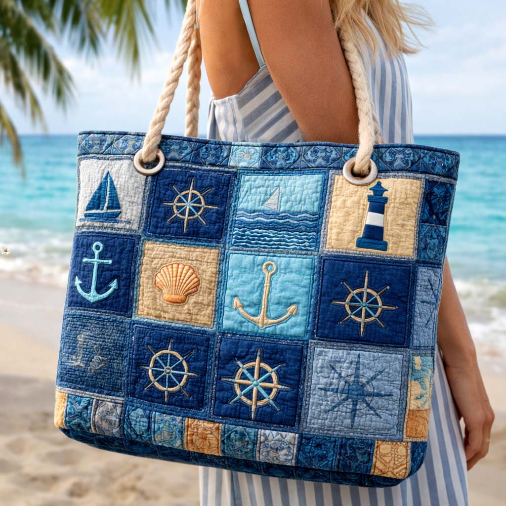 Blue handcrafted beach bag with patchwork nautical icons, rope handles and open top
