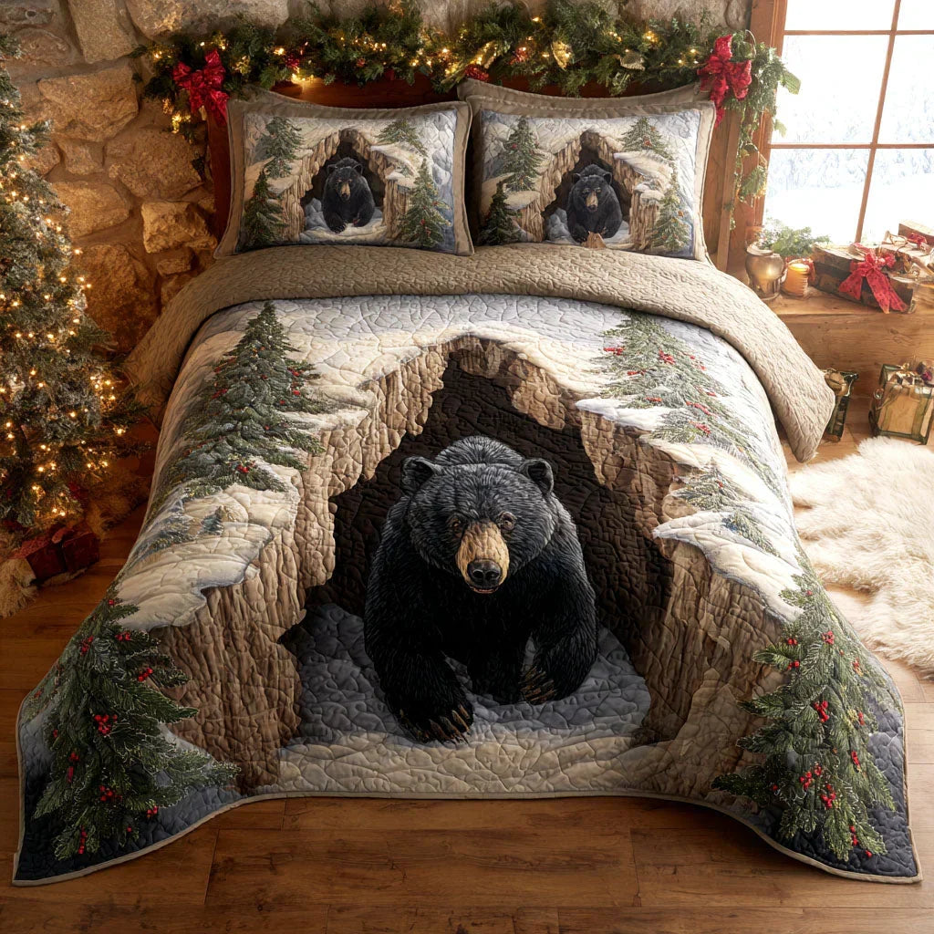 Quilted holiday bed set with bear and tree print comforter and matching pillow shams