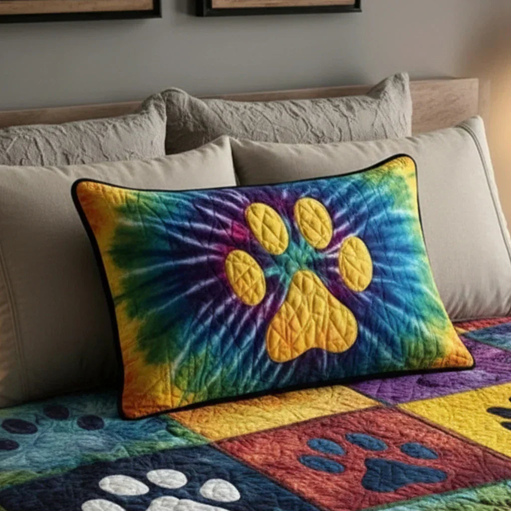 Quilted cushion cover with colorful tie-dye paw print on rectangular front