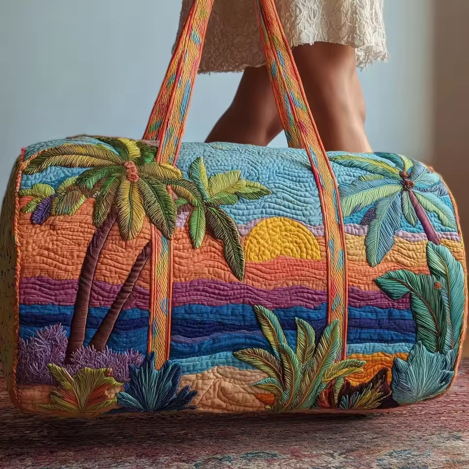 Artisan crafted soft travel bag with quilted multicolor tropical floral design and top handles
