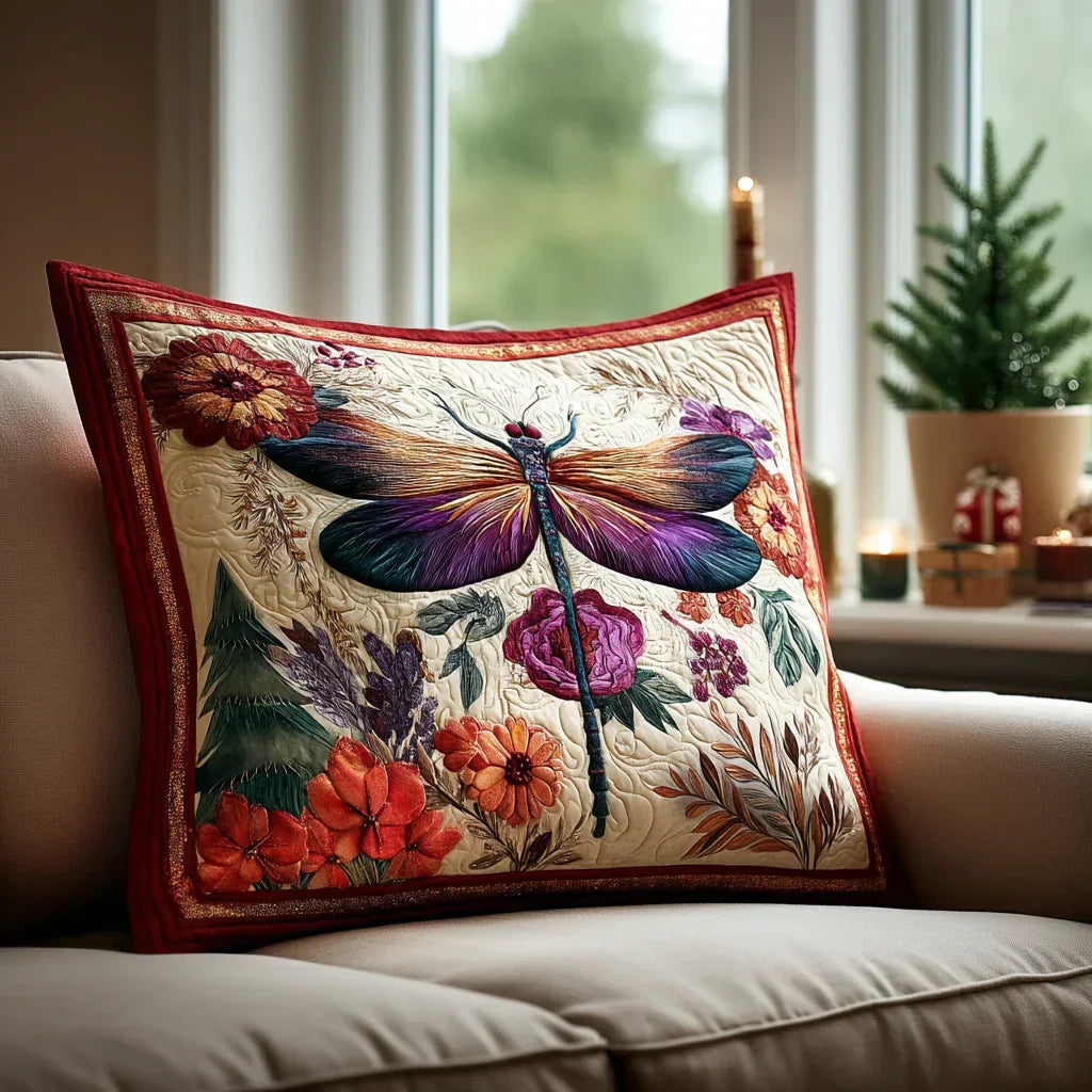 Quilted cushion cover with colorful dragonfly and floral embroidery, red border edges