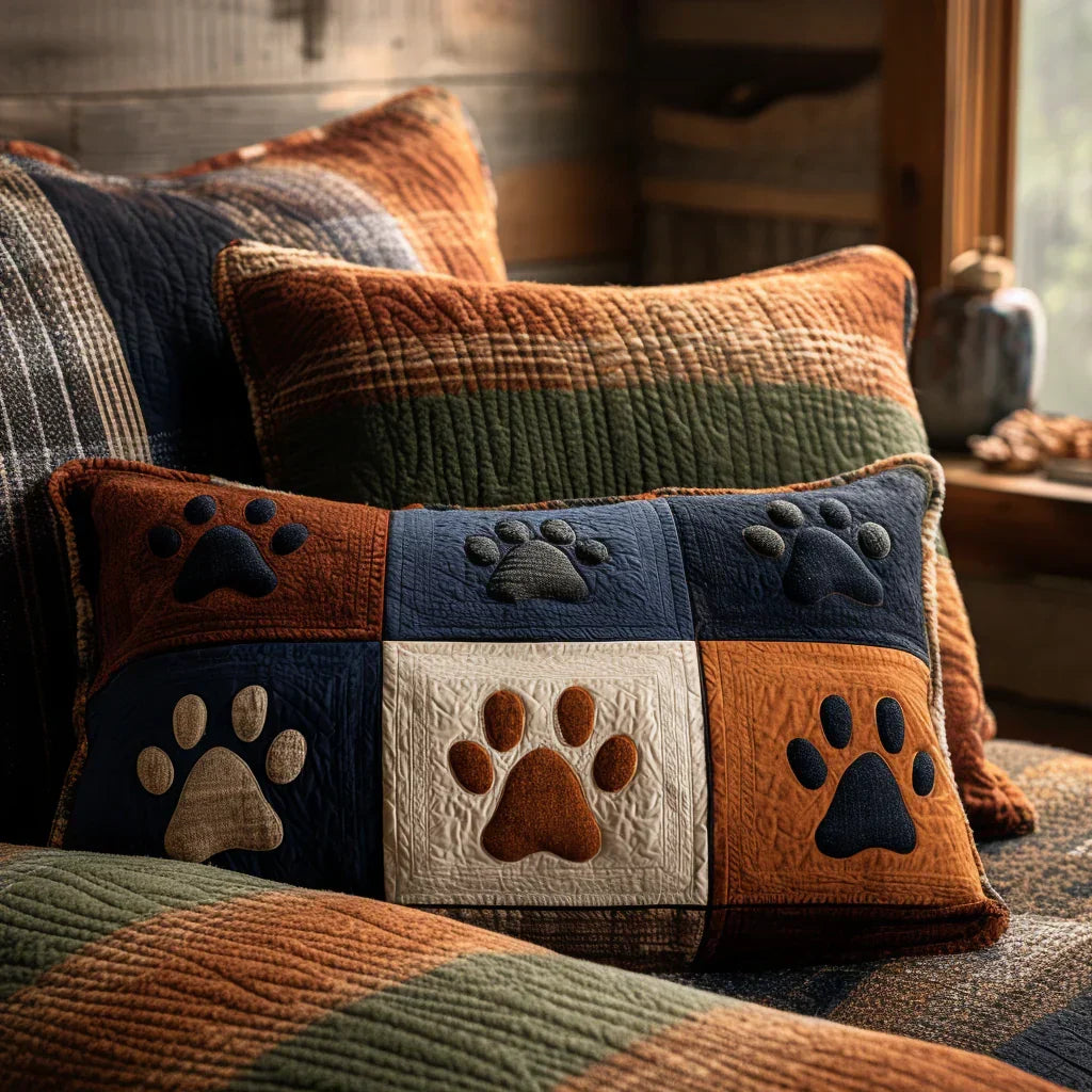 Quilted cushion cover with animal paw print patchwork, orange, blue and green