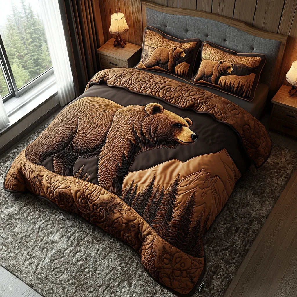 3-piece quilted bed set with brown woodland animal quilt and pillow shams