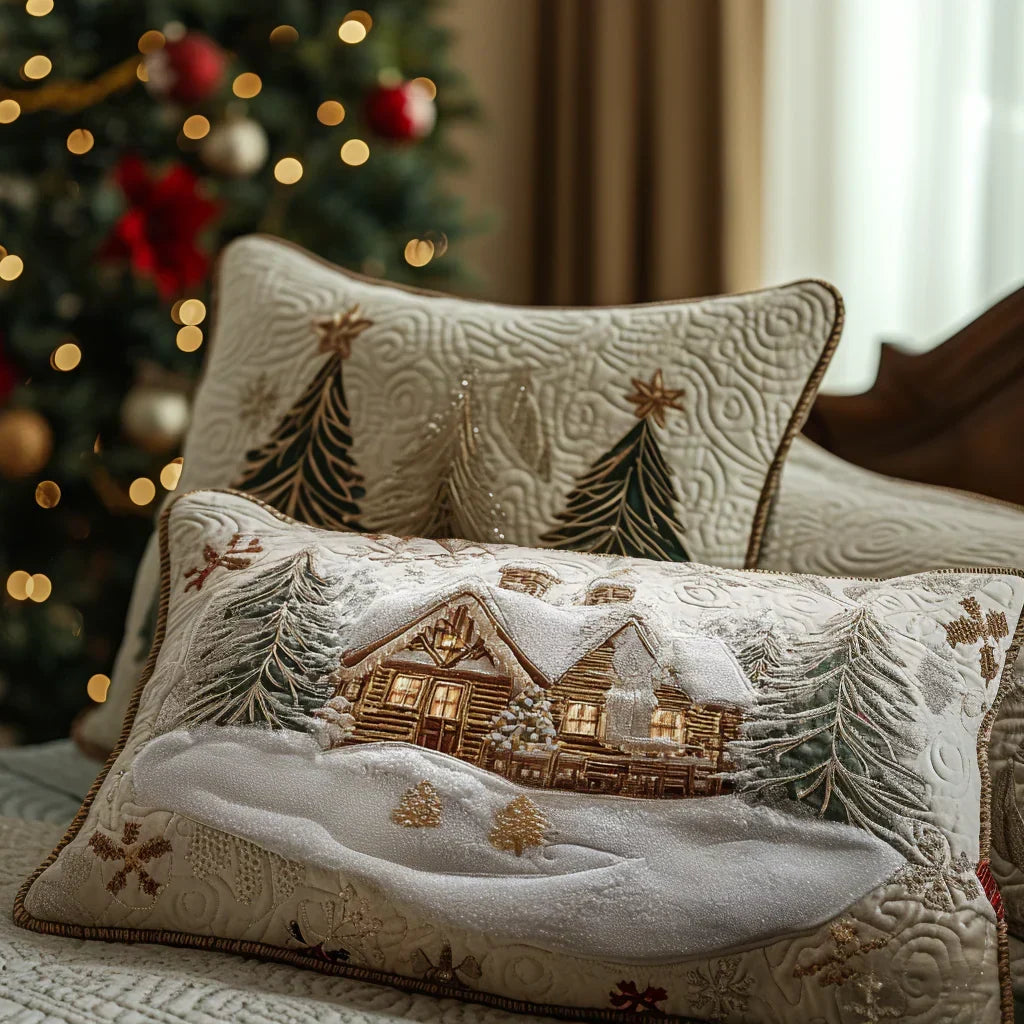 Quilted cushion cover in light gray with embroidered winter cabins, trees, and gold accents
