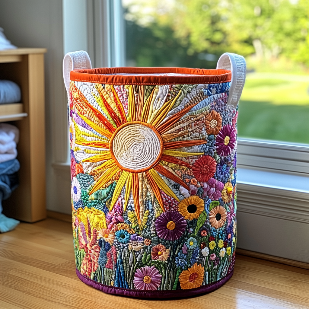 Embroidered fabric laundry basket with sunflower burst, multicolor floral print, blue handles