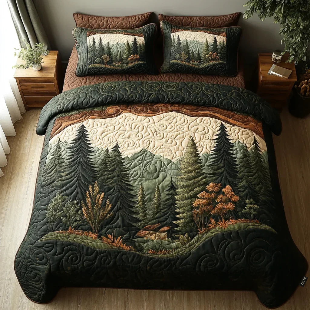Forest-themed quilted bedding set with dark green comforter and pine tree print shams