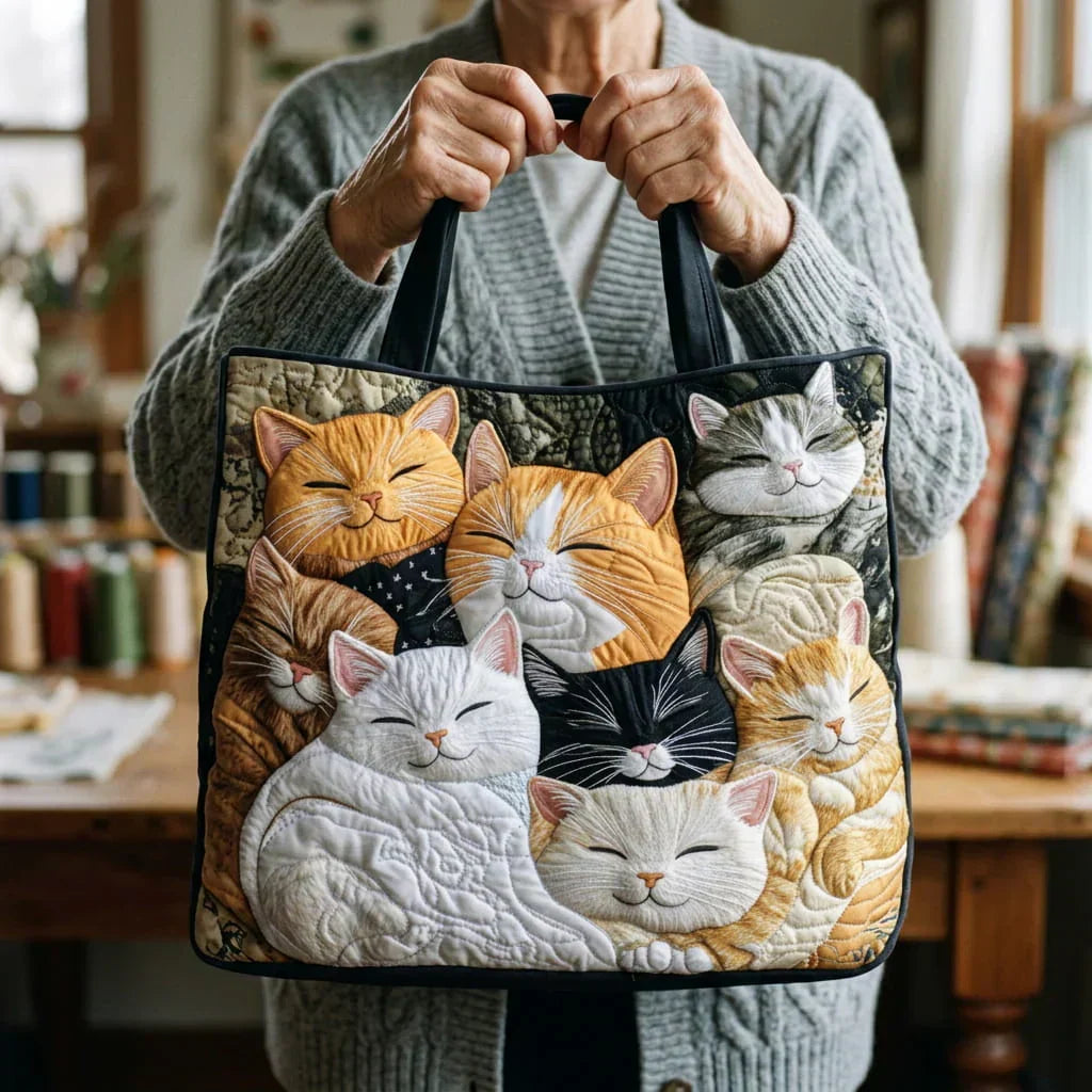 Cat-themed quilted tote bag with top handles, held upright by person