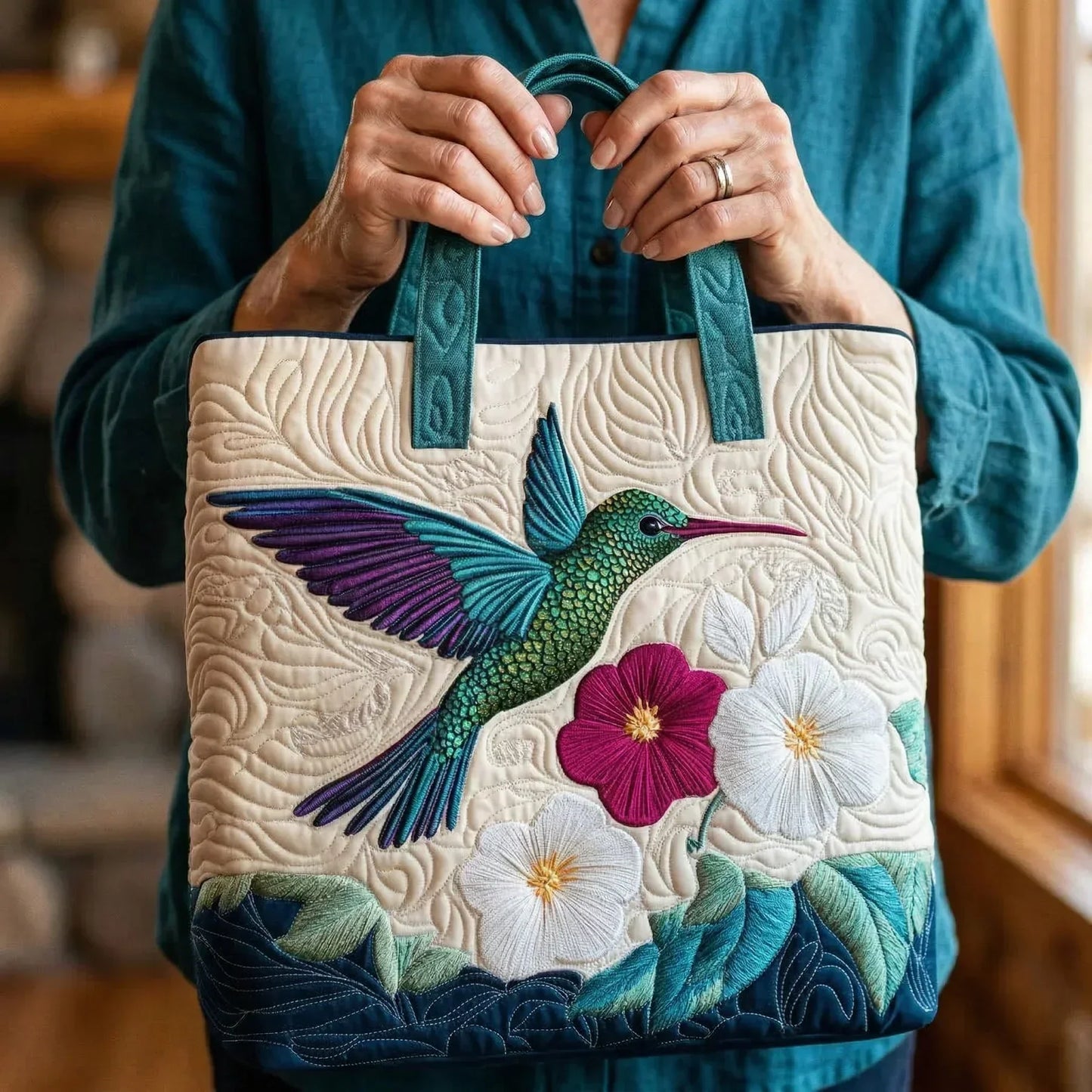 Handcrafted quilted bag held by hands, hummingbird and flower applique, teal handles