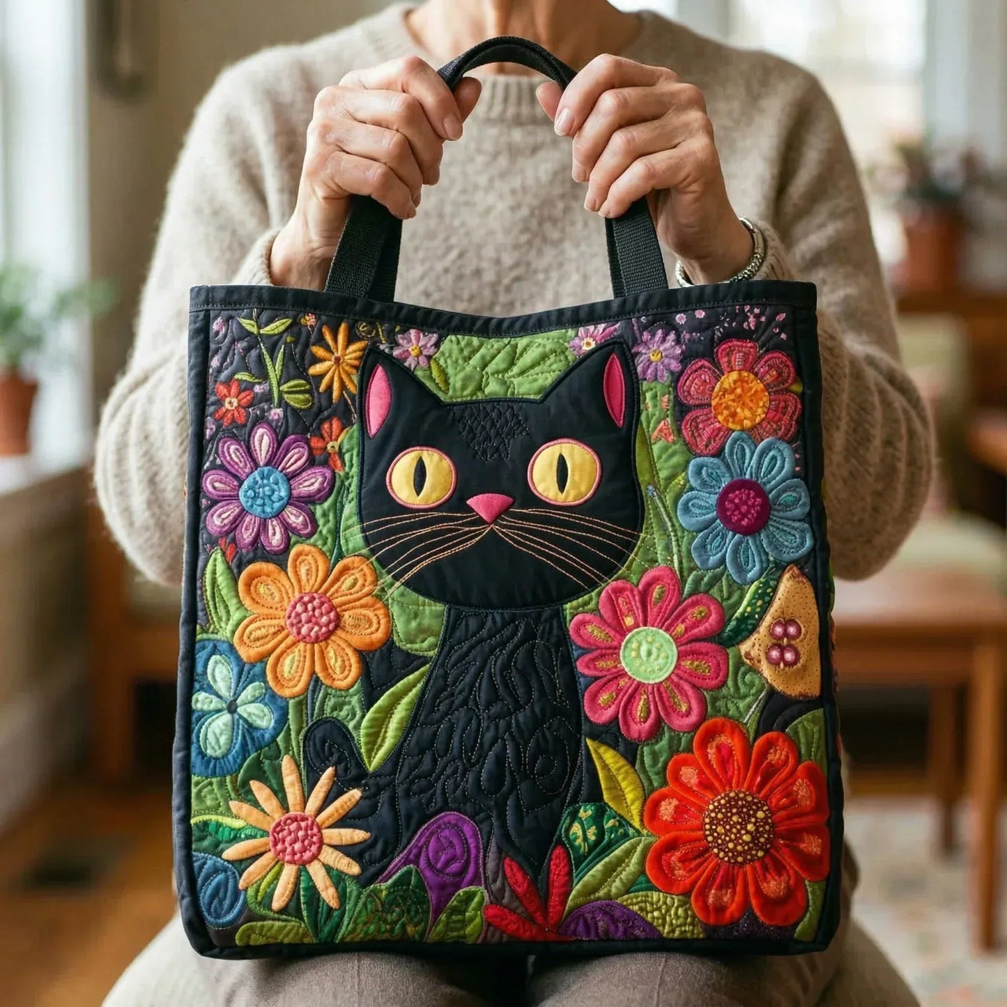 Handcrafted quilted tote bag with black cat and colorful floral embroidery