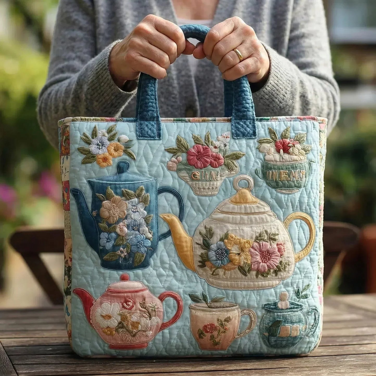 Quilted turquoise floral tote bag with applique teapots; hands holding the handles