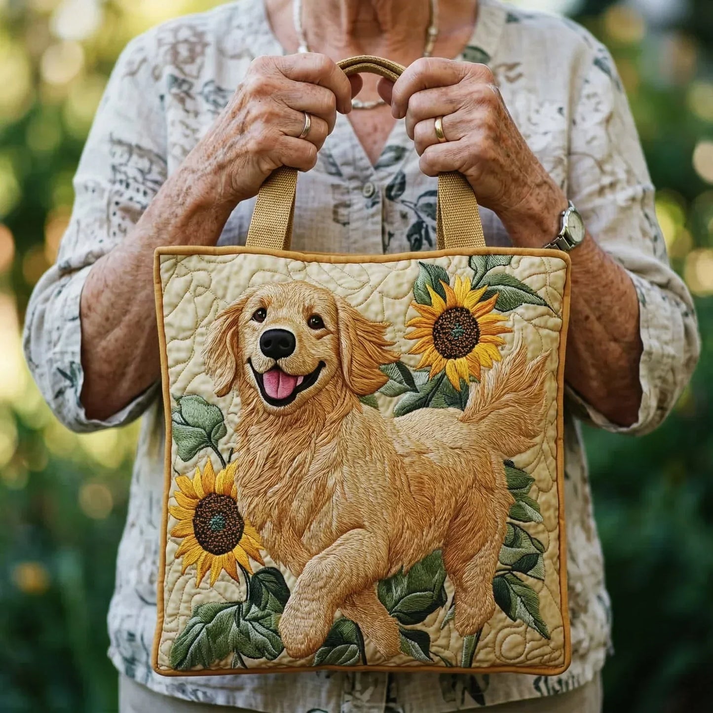 Golden retriever tote bag with sunflower quilting, shown being held by top handles