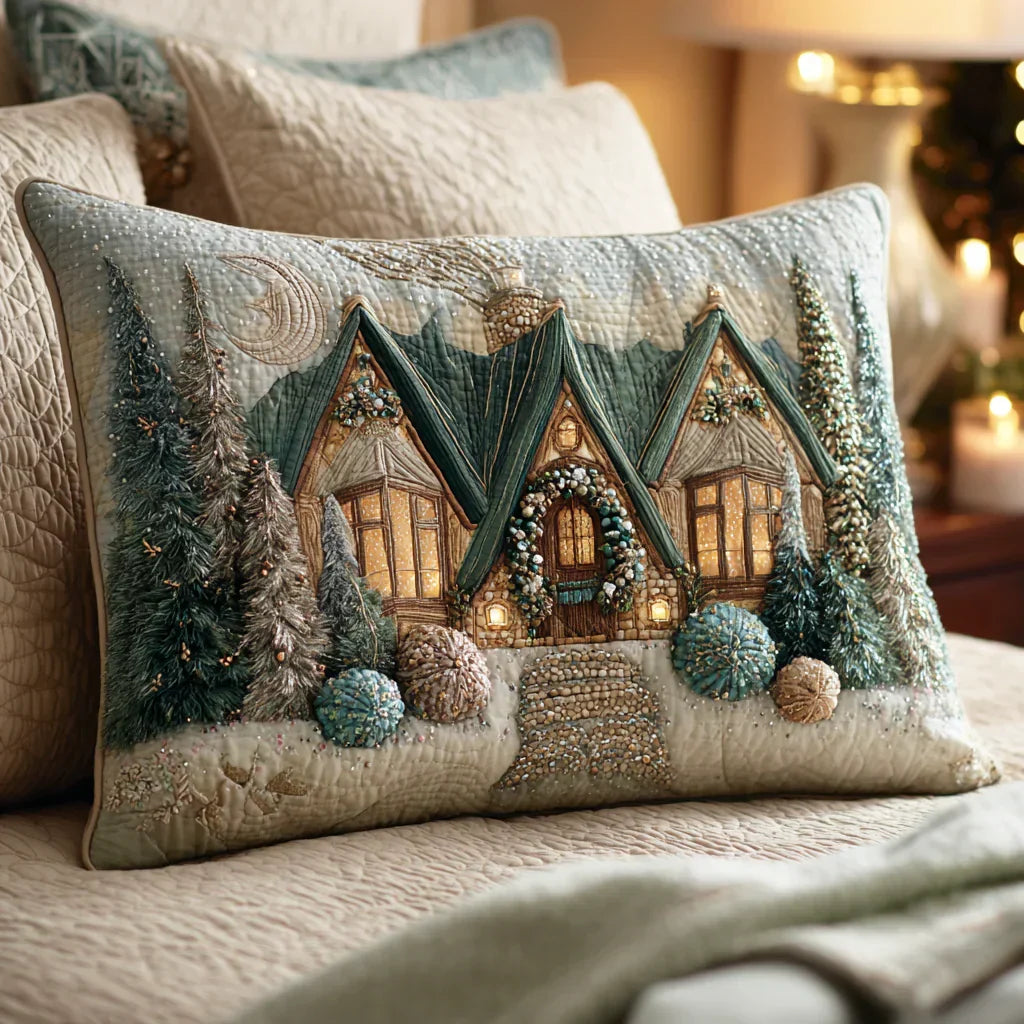 Quilted cushion cover with winter house village and evergreen trees, teal and gold embroidery