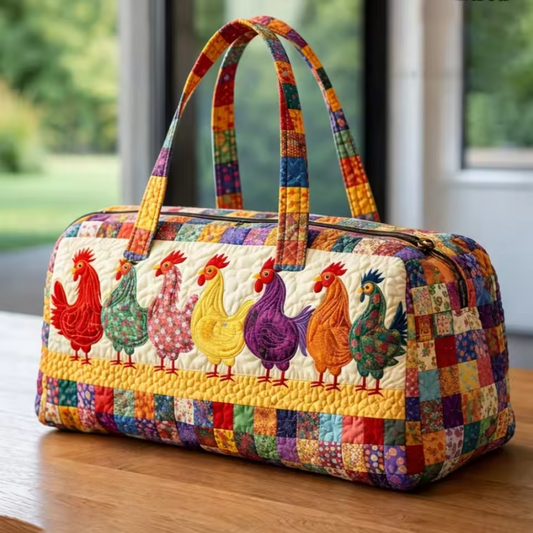 Quilted soft travel bag with colorful rooster print, patchwork sides, and two carry handles