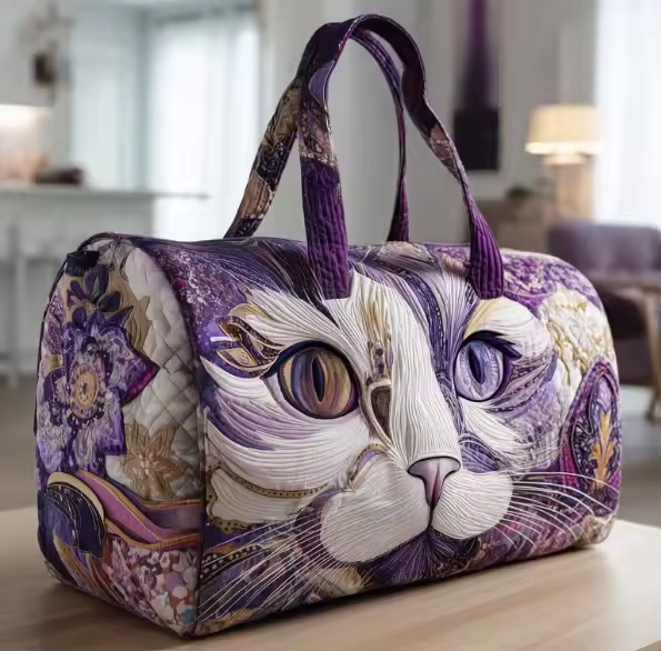 Soft travel bag with purple cat face graphic and quilted look, top handles