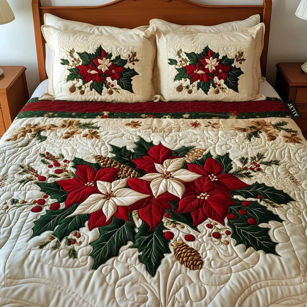 3-piece quilted bed set with poinsettia embroidery and matching pillow shams