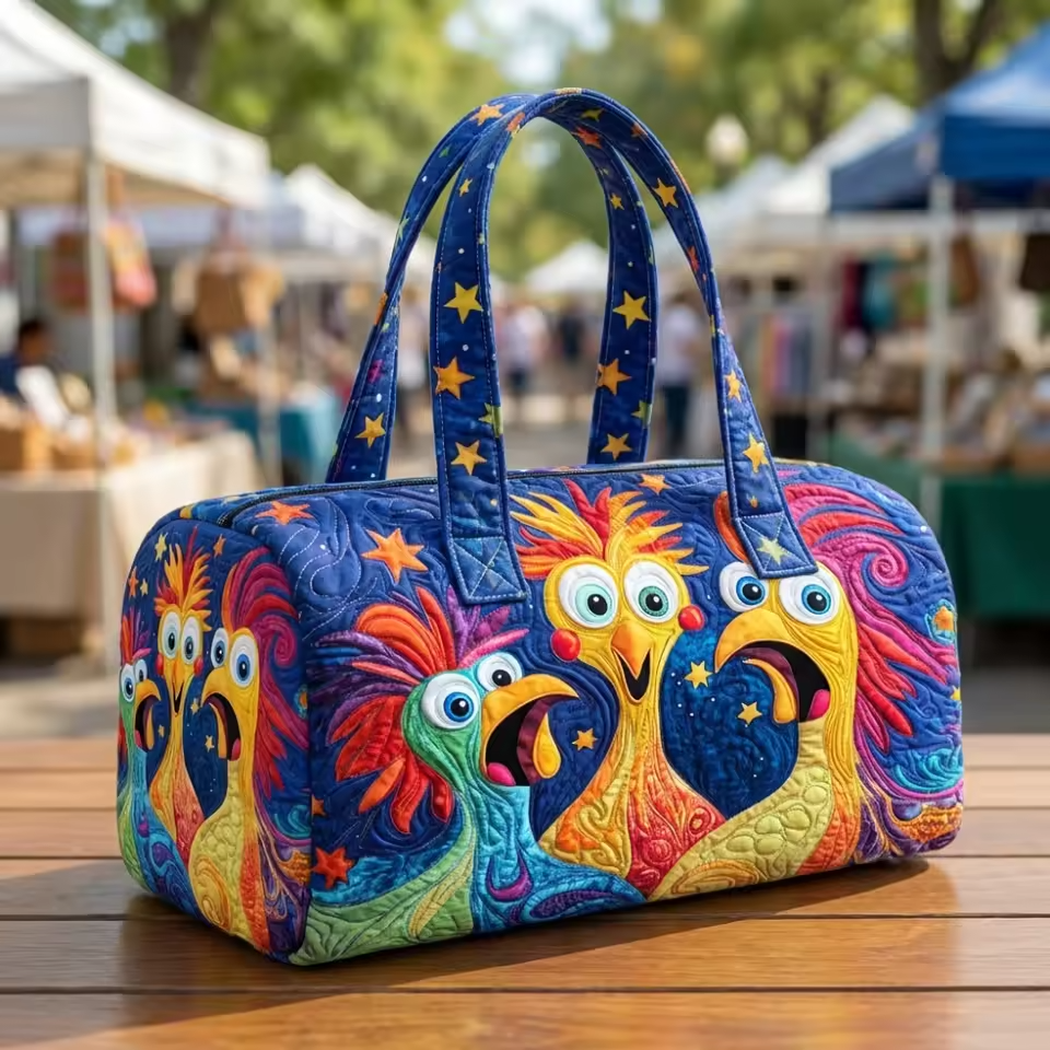 Soft travel tote in blue with colorful owl and star print, dual handles