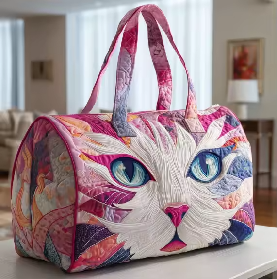 Multicolor soft travel bag with cat face print, pink zip-top handles