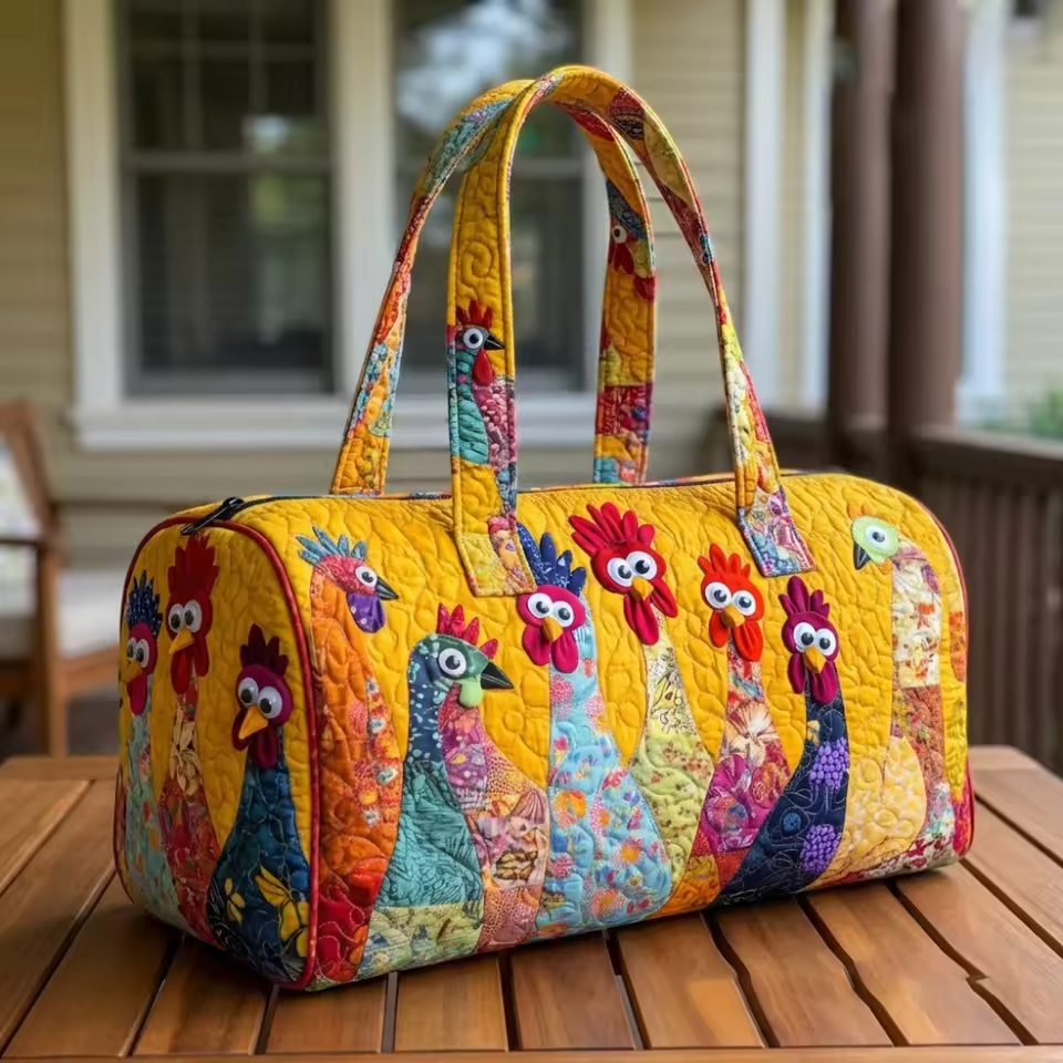Céline soft quilted travel bag with colorful chicken print and double handles