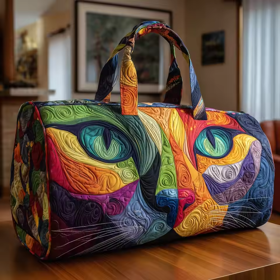 Quilted soft travel bag with multicolor swirling patterns and dual top handles