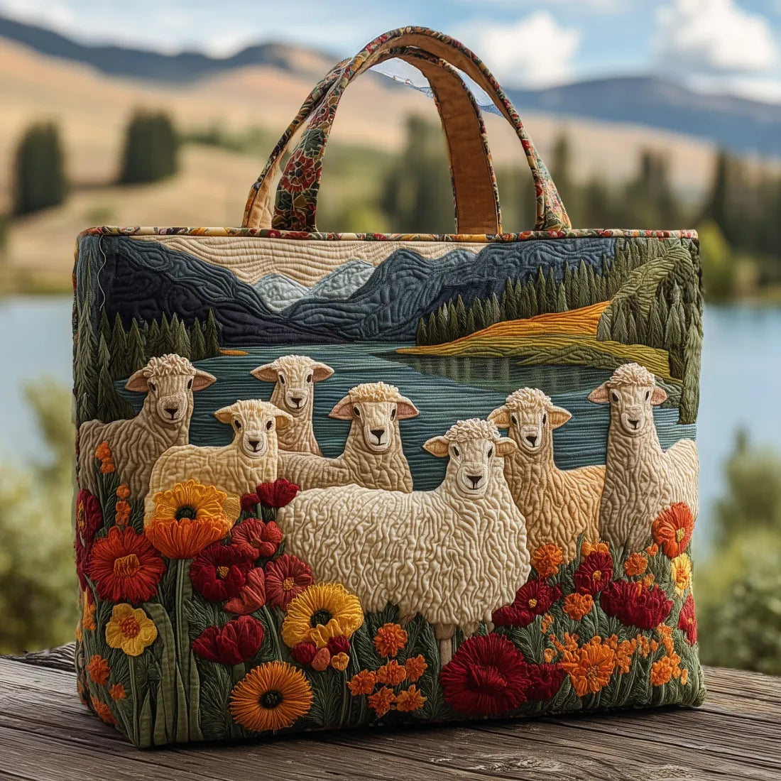Handcrafted sheep print tote bag with top handles, embroidered flowers and sheep scenes