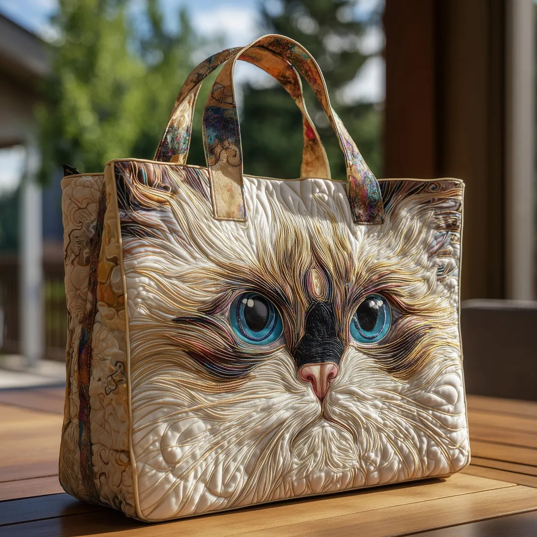 Handcrafted cat print tote bag, cream fabric with colorful face and brown trim, dual handles
