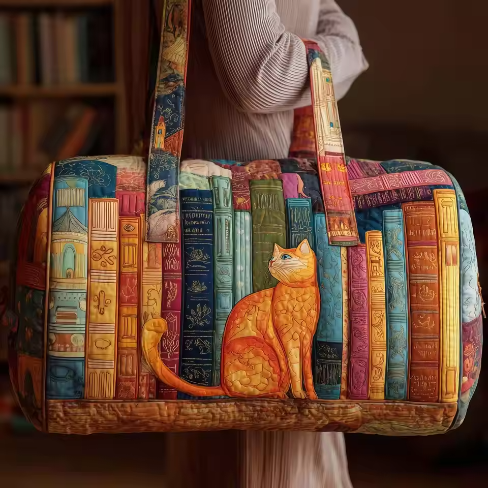Artisan soft travel bag with colorful book-style panels and orange cat patch