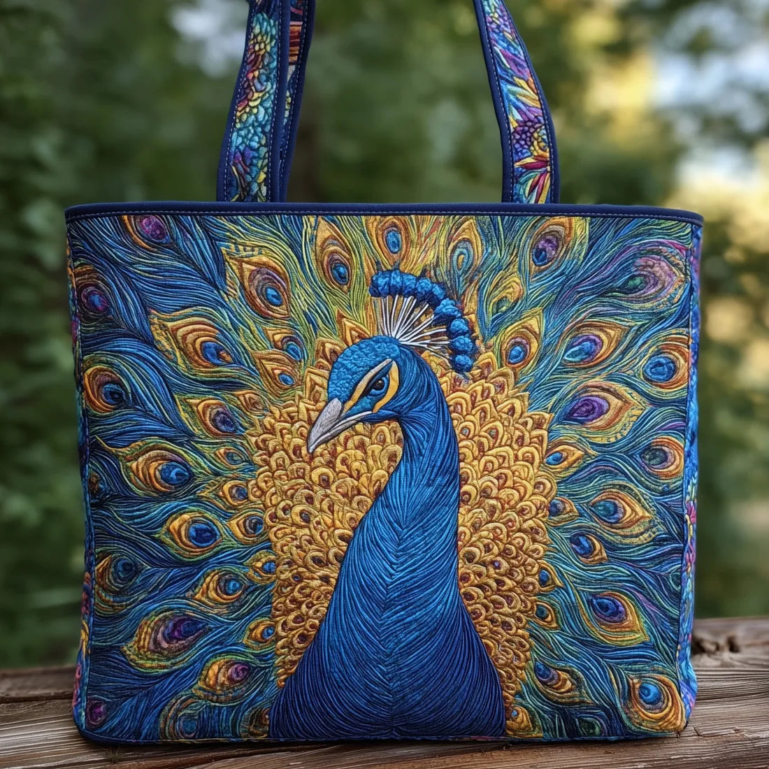 Handcrafted bag with colorful peacock feather print, blue handles, rectangular tote