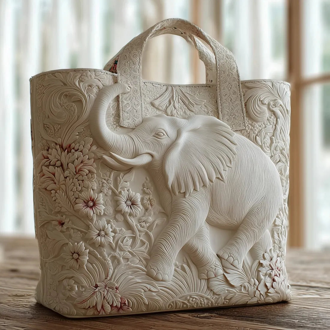 Handcrafted elephant embossed tote bag with floral details and top handles