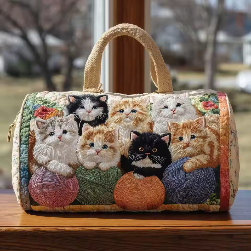 Soft travel bag with colorful cat-and-yarn print and fabric handles