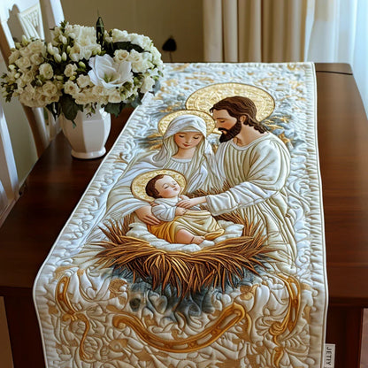 Quilted nativity table runner in cream with embroidered Mary, Joseph, and baby